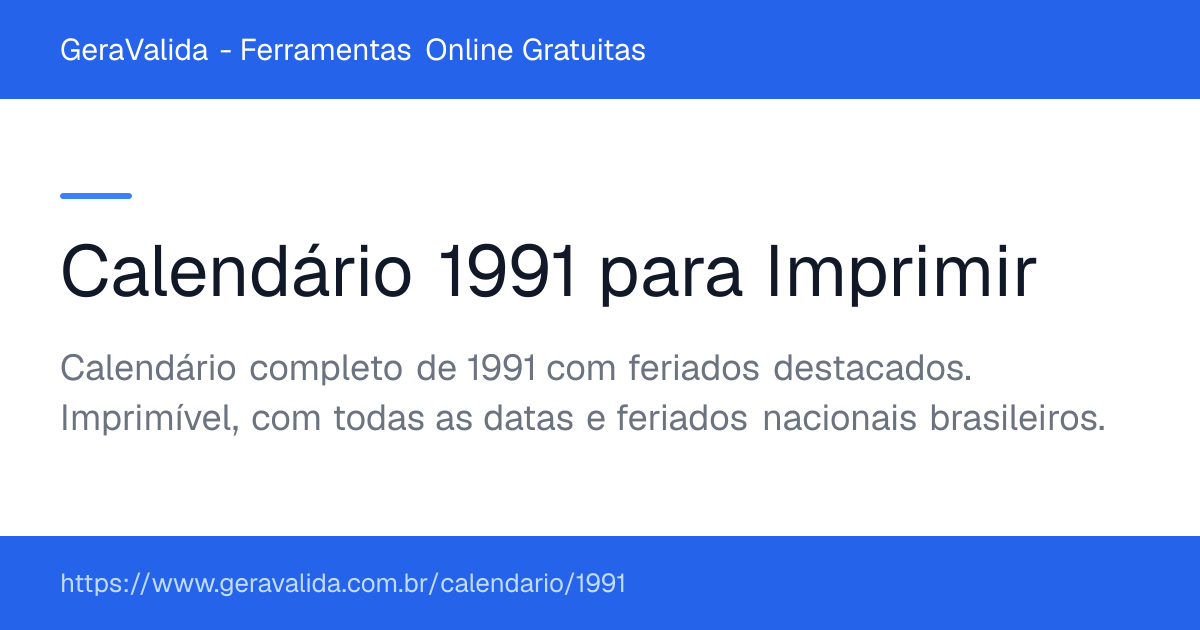 Calendário 1991 para imprimir com feriados — GeraValida