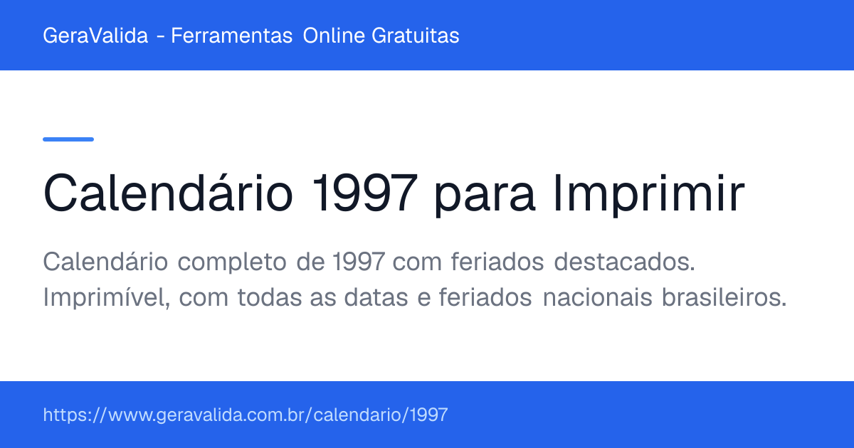 Calendário 1997 para imprimir com feriados — GeraValida