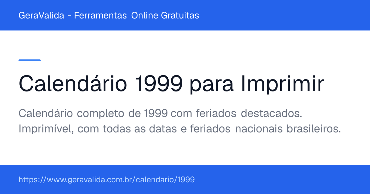 Calendário 1999 para imprimir com feriados — GeraValida