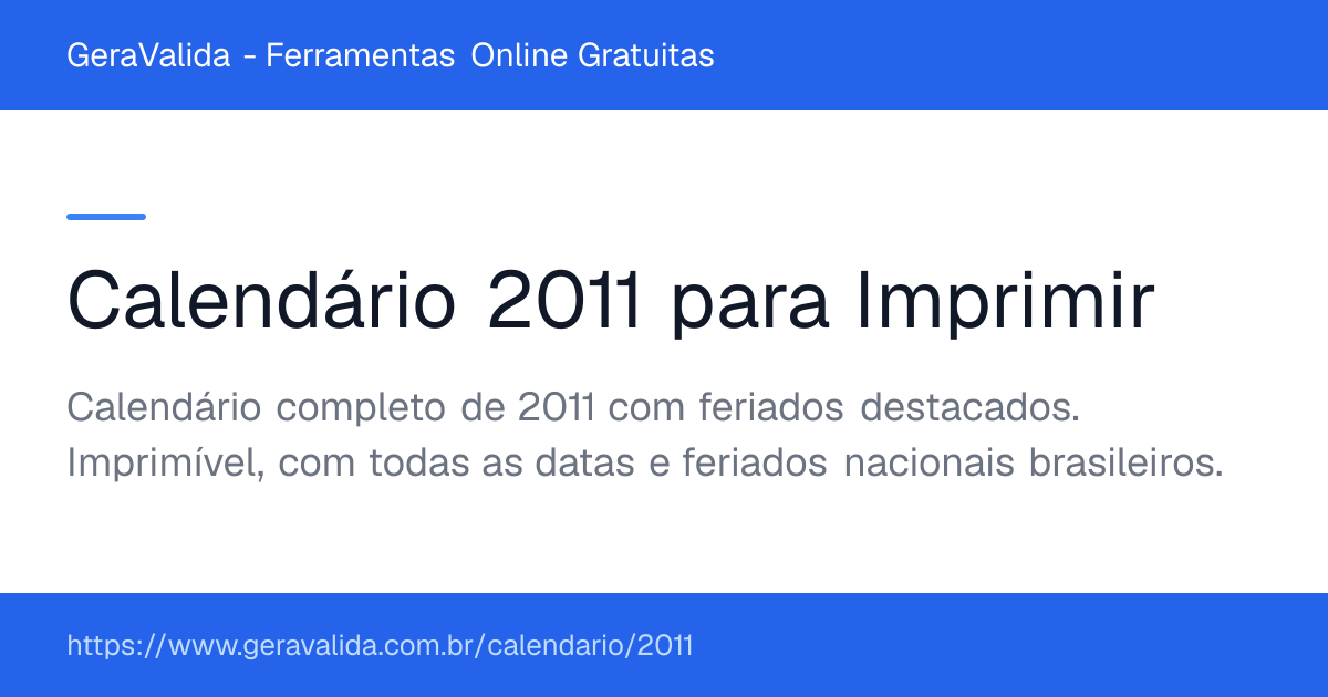 Calendário 2011 para imprimir com feriados — GeraValida