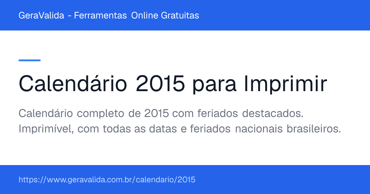 Calendário 2015 para imprimir com feriados — GeraValida