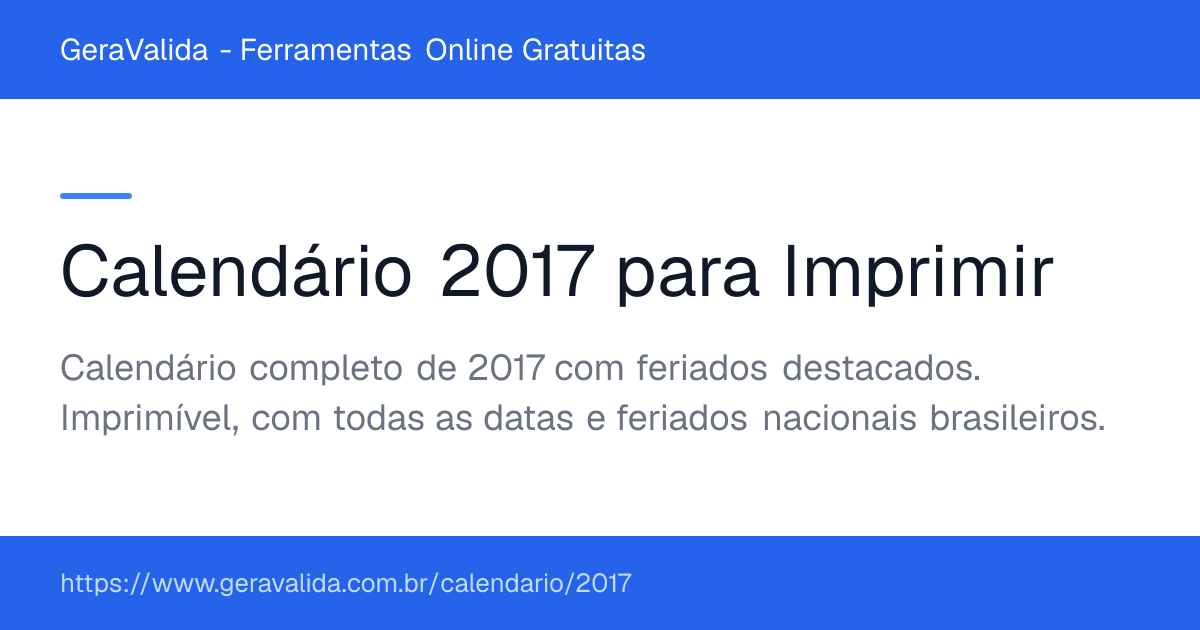 Calendário 2017 para imprimir com feriados — GeraValida