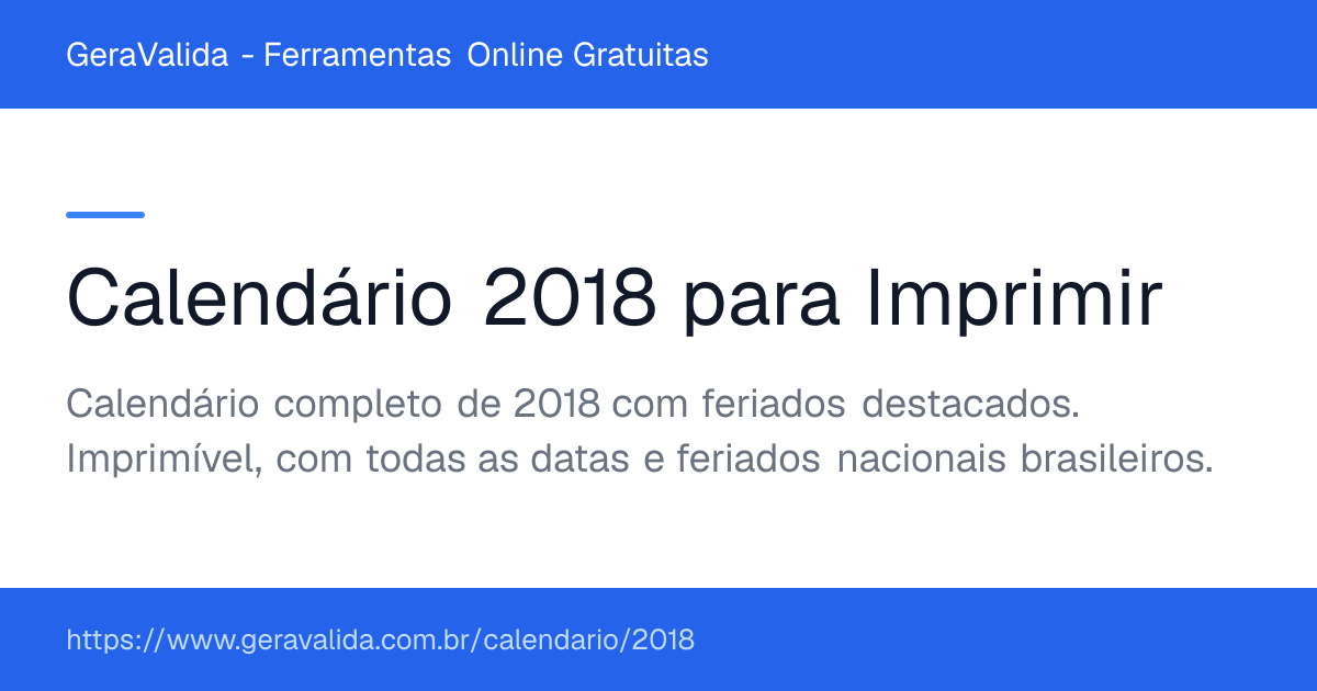 Calendário 2018 para imprimir com feriados — GeraValida