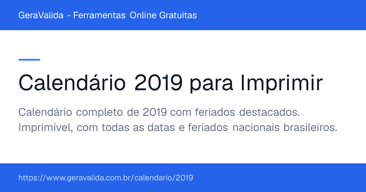 Calendário 2019 para imprimir com feriados — GeraValida