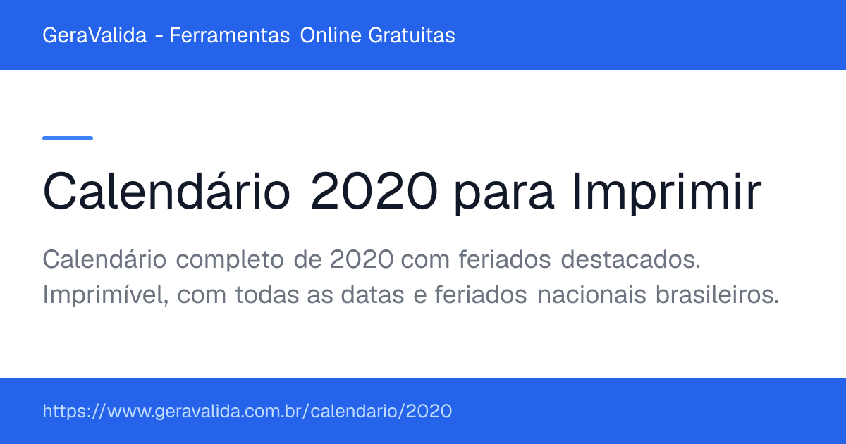 Calendário 2020 para imprimir com feriados — GeraValida