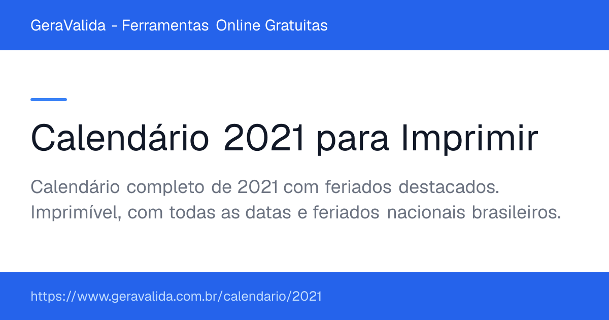 Calendário 2021 para imprimir com feriados — GeraValida