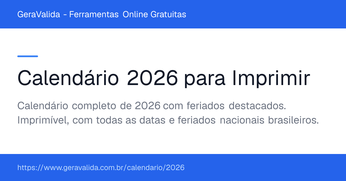 Calendário 2026 para imprimir com feriados — GeraValida