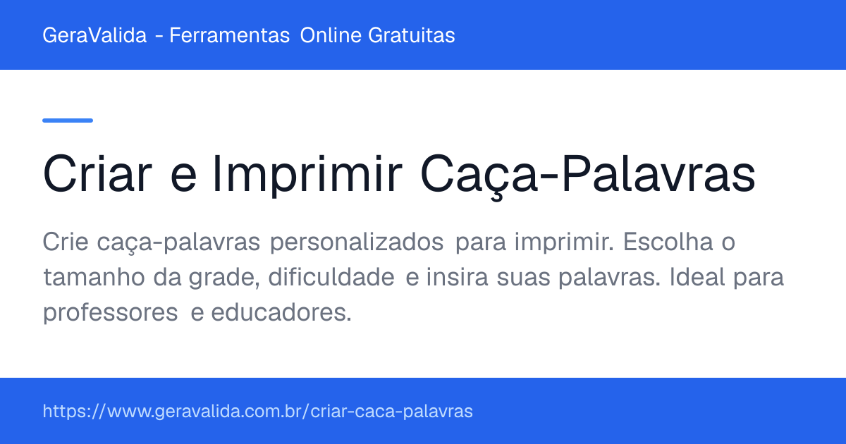 Criar e Imprimir Caça-Palavras — ferramenta online gratuita do GeraValida