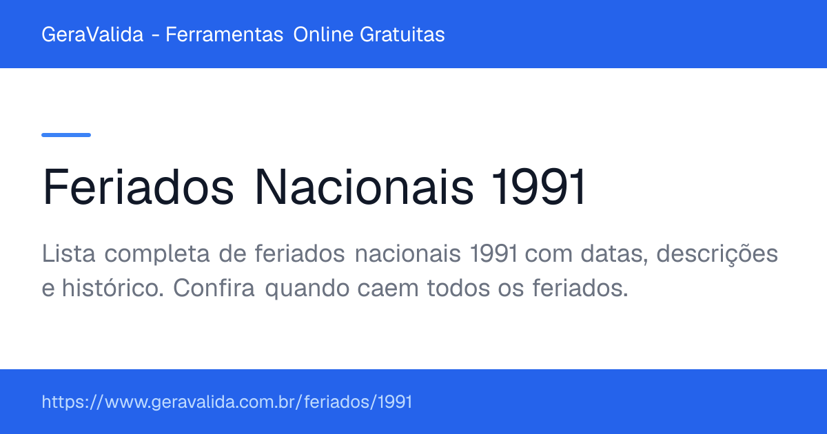 Feriados Nacionais 1991 no Brasil — GeraValida