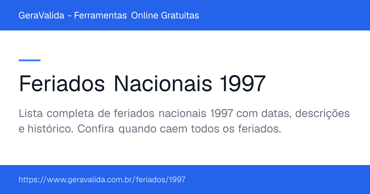 Feriados Nacionais 1997 no Brasil — GeraValida