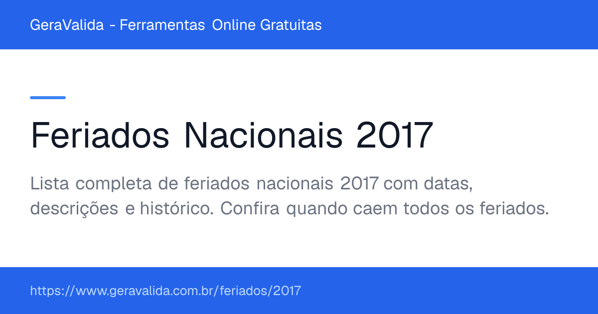 Feriados Nacionais 2017 no Brasil — GeraValida