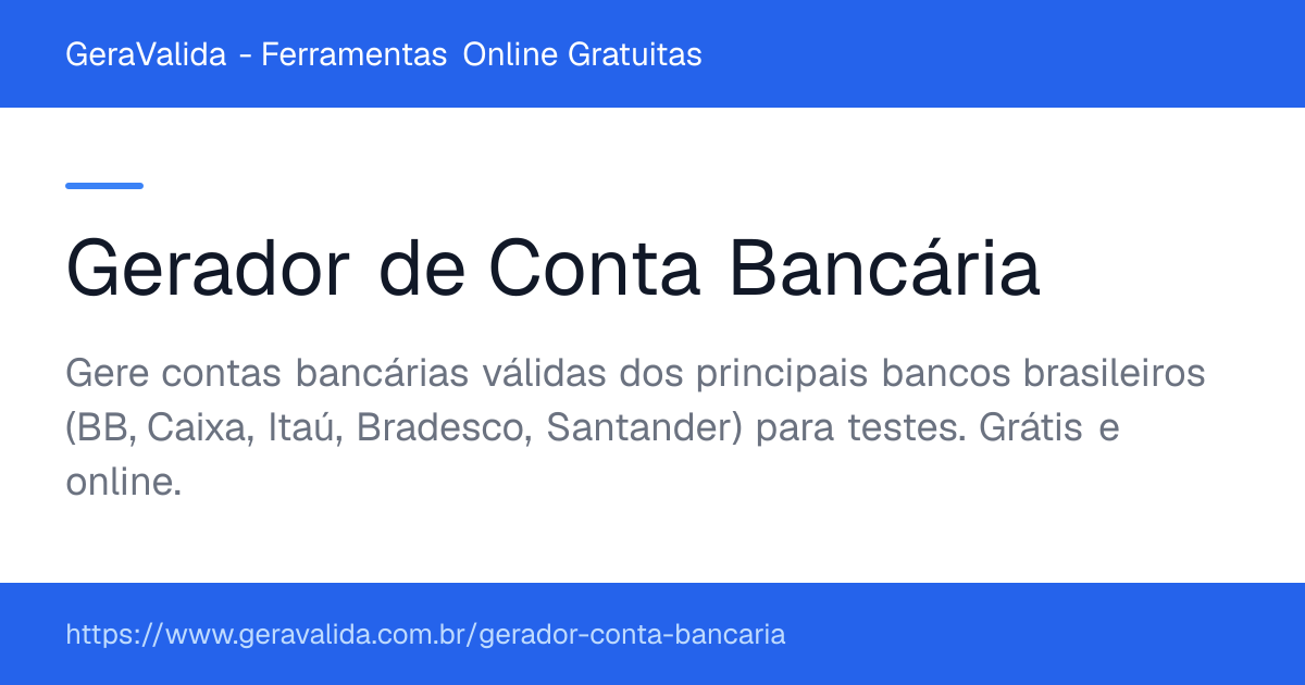 Gerador de Conta Bancária — ferramenta online gratuita do GeraValida