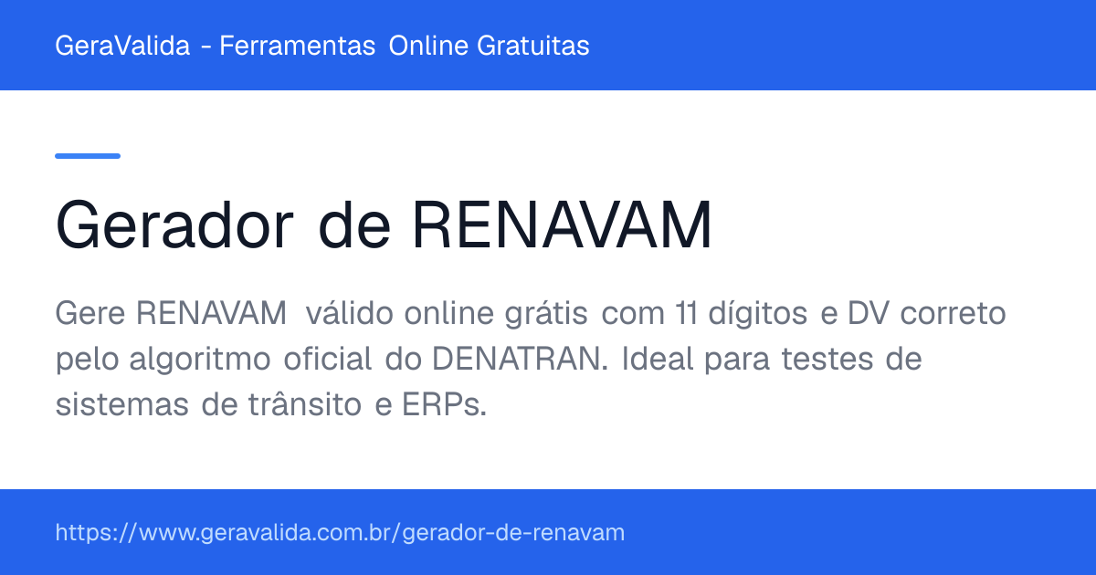 Gerador de RENAVAM — ferramenta online gratuita do GeraValida