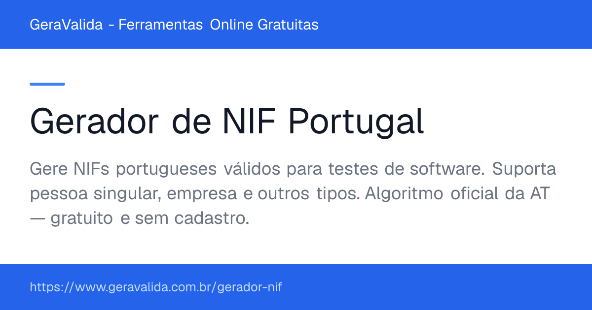 Gerador de NIF Portugal — ferramenta online gratuita do GeraValida